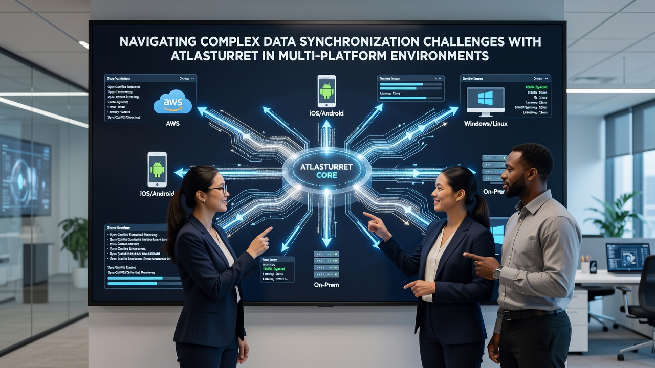 Diagram illustrating Atlasturret's data flow architecture connecting diverse platforms with synchronization nodes